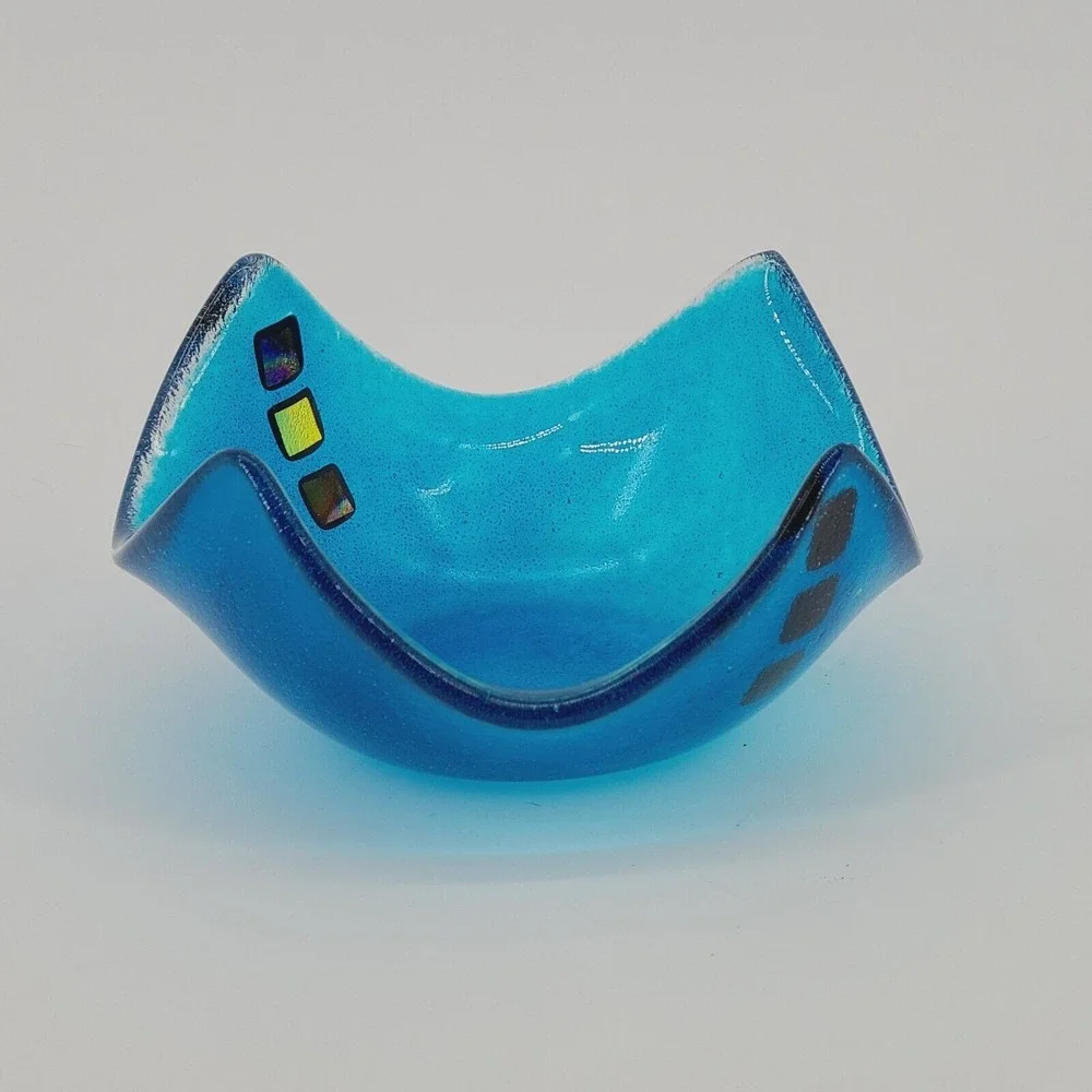 Kiln Arts Nova Scotia Blue Folded Art Glass Bowl Dichroic Squares Signed